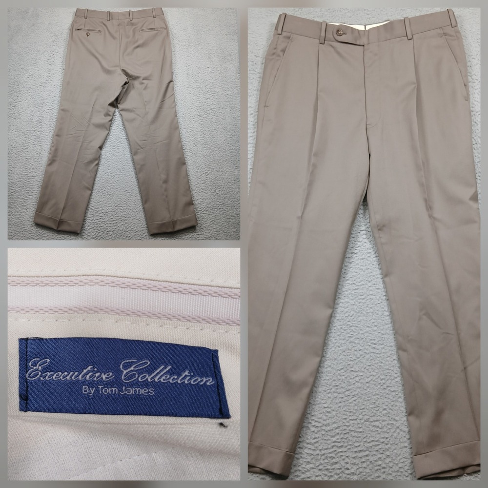 Executive Collection by Tom James Dress Pants‎ Men's 36x29 Tan Pleated Cuffed
